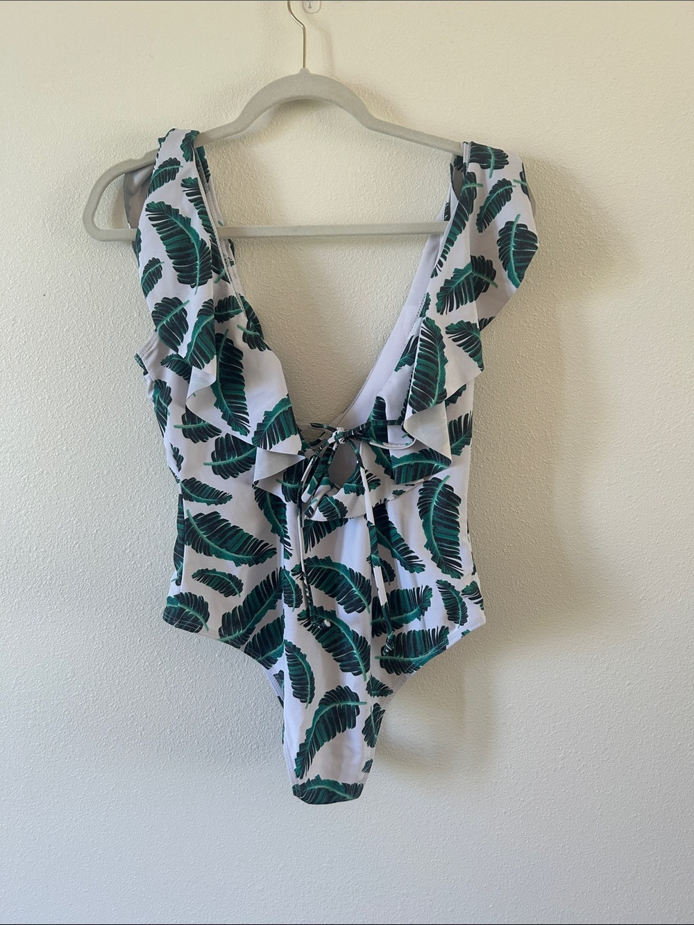 Zaful Deep V One-Piece Swimsuit with Ruffled Green Leaf Print - Picture 3 of 5